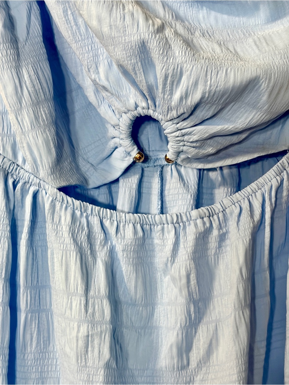 One-Shoulder Twist Baby Blue Lightweight Midi Dress with Front Ring Cutout - Picture 4 of 6